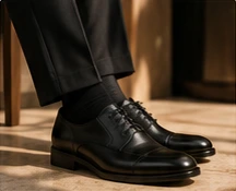 Black Oxford shoes with tailored black trousers